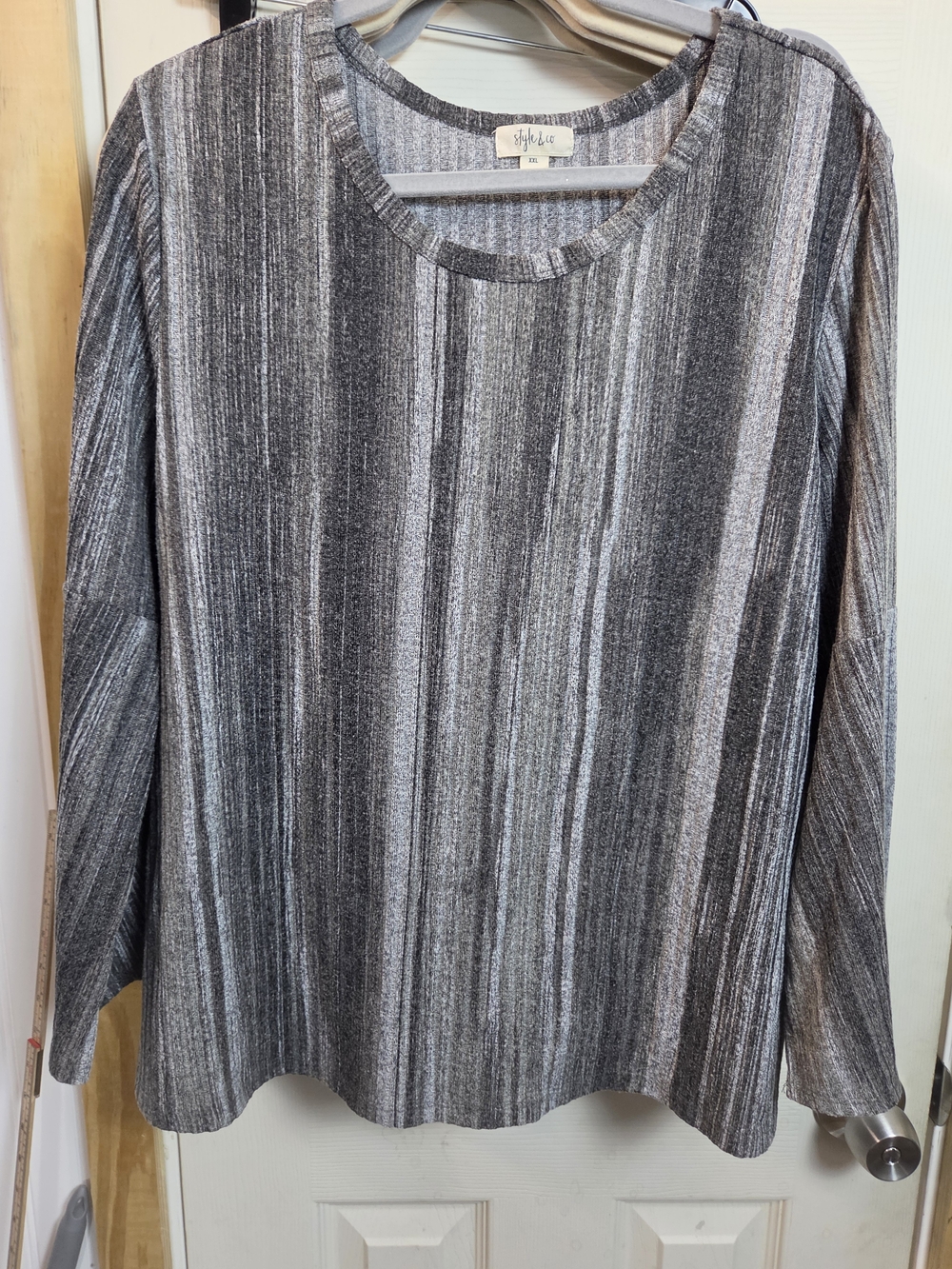 Style & Co. Striped Long Sleeve Scoop Neck Sweater Top in Gray